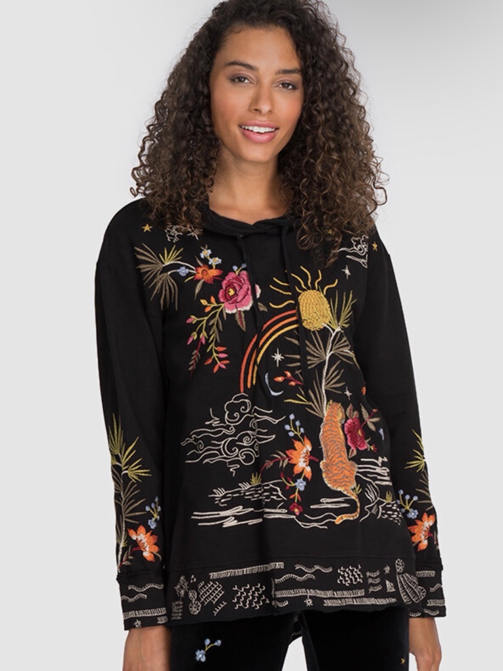 Johnny Was Keone Hooded Sweatshirt Tunic Embroidered Tiger Floral Sun Medium